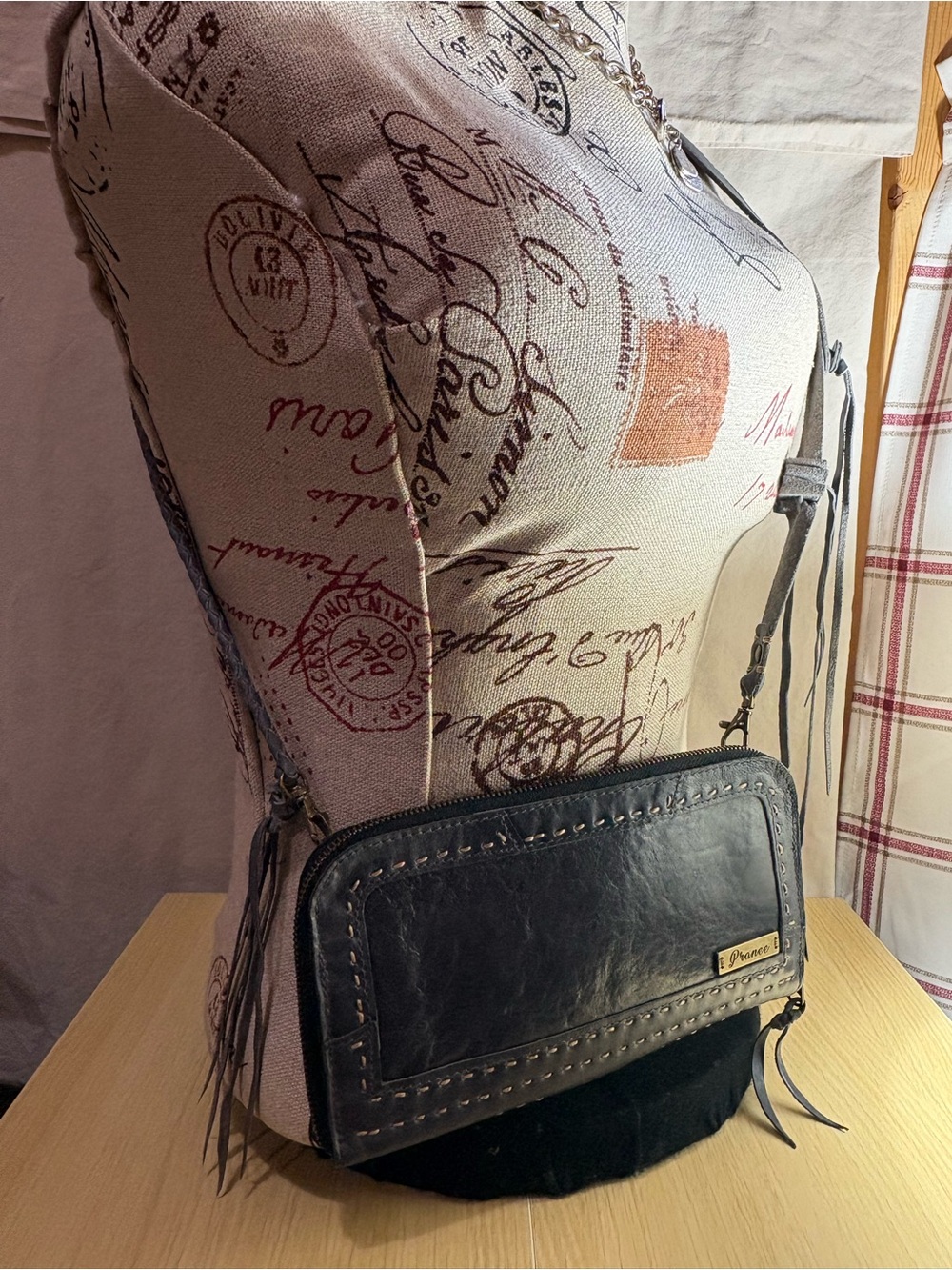 Pranee Grey Leather Crossbody Wallet with Fringe